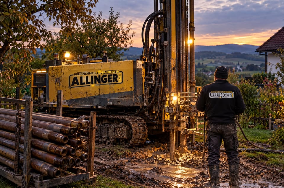 KI-generiertes Bild: Bohrgerät in der Abenddämmerung